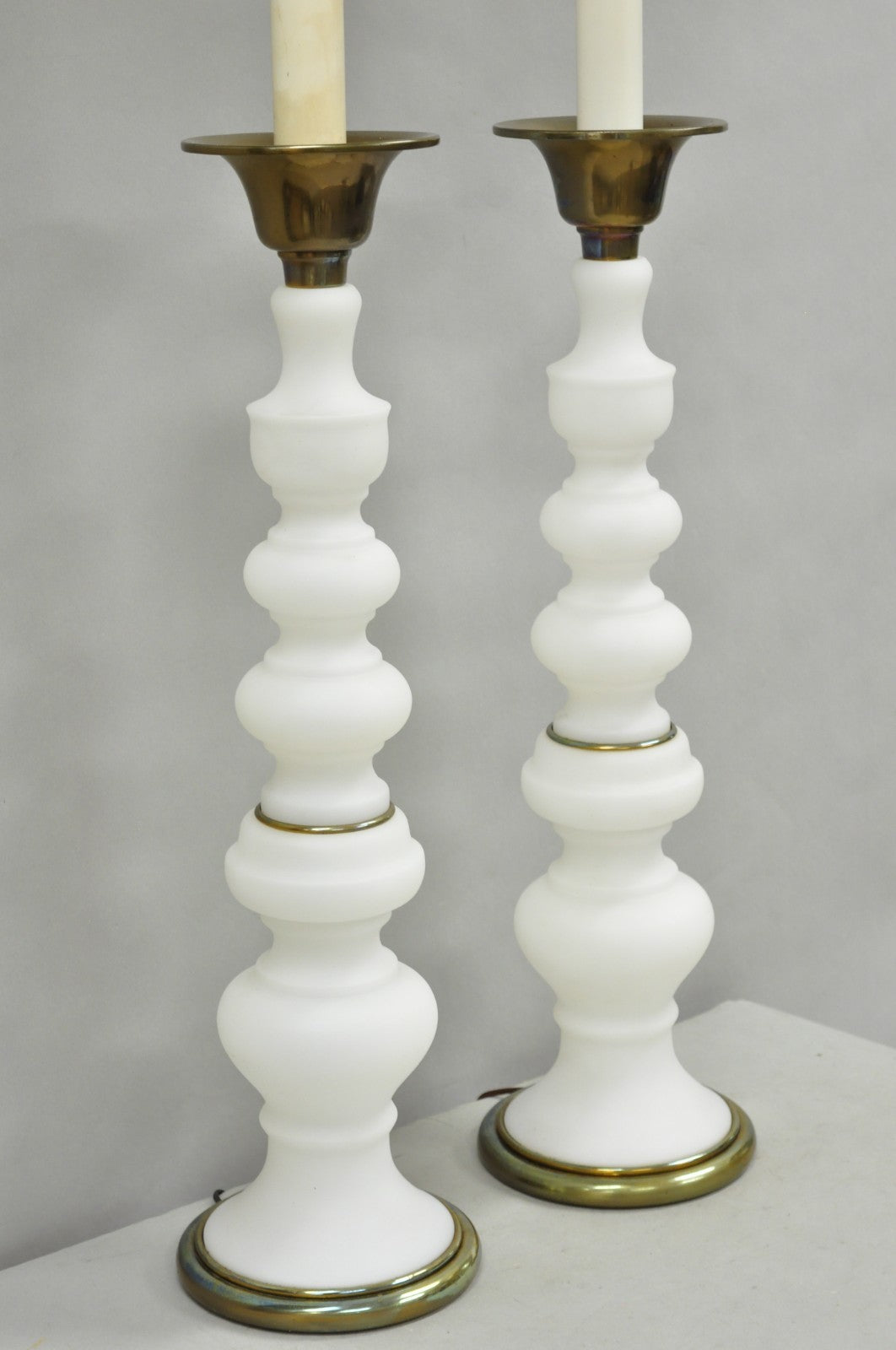 Vintage MCM Tommi Parzinger Style Tall White Frosted Glass Table Lamps - a Pair