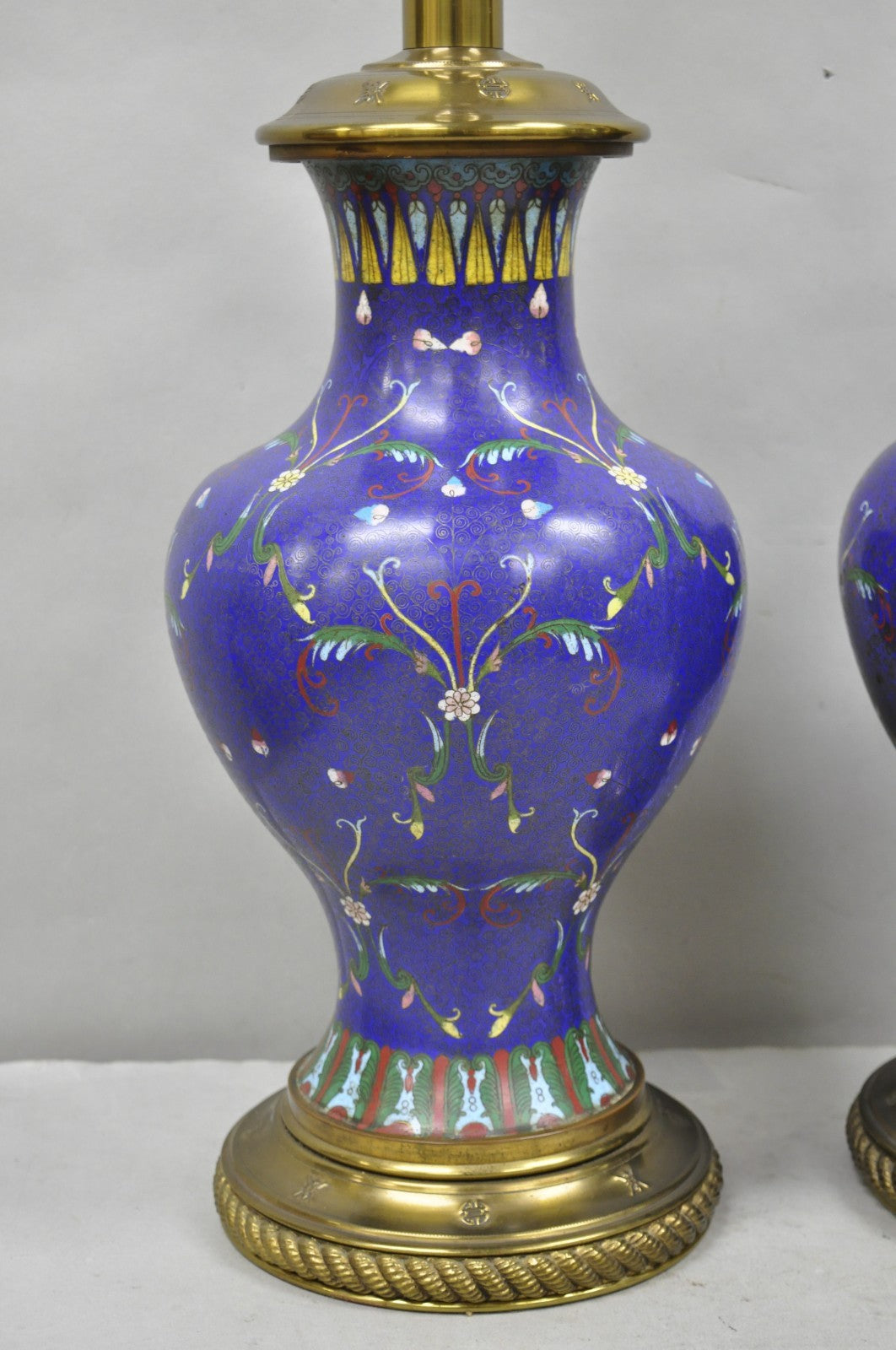 Vintage Chinoiserie Blue Enamel Chinese Brass Jardinierie Table Lamps - a Pair