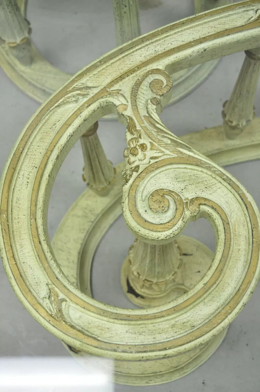 Italian Provincial Scrollwork Snail Glass Top Wooden Coffee Table Set - 3 Pc Set