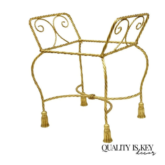 Vintage Italian Hollywood Regency Gold Gilt Iron Rope Tassel Vanity Bench Chair