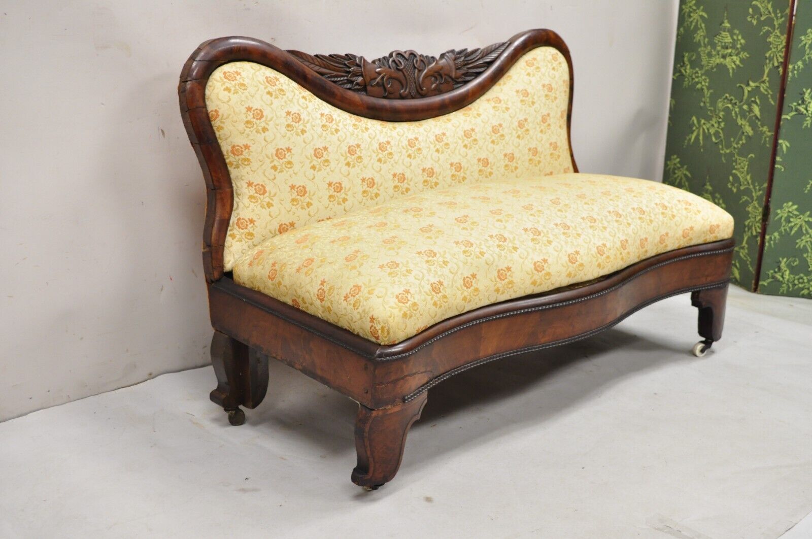Antique American Empire Cornucopia Carved Mahogany Slipper Bench - a Pair