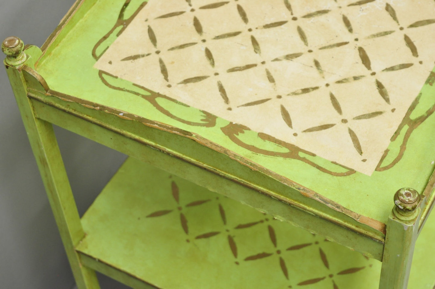 Vintage Italian Venetian Green Distress Painted 3 Tier French Country Side Table