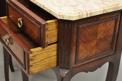 Vintage French Louis XV Style Pink Marble Top Mahogany Nighstand Table - a Pair