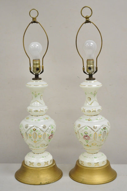 Vintage Czech Bohemian White & Green Cased Glass Table Lamps - a Pair