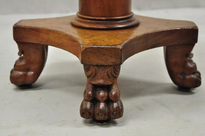 19th C. American Empire Mahogany Carved Column Paw Foot Swivel Leather Stool
