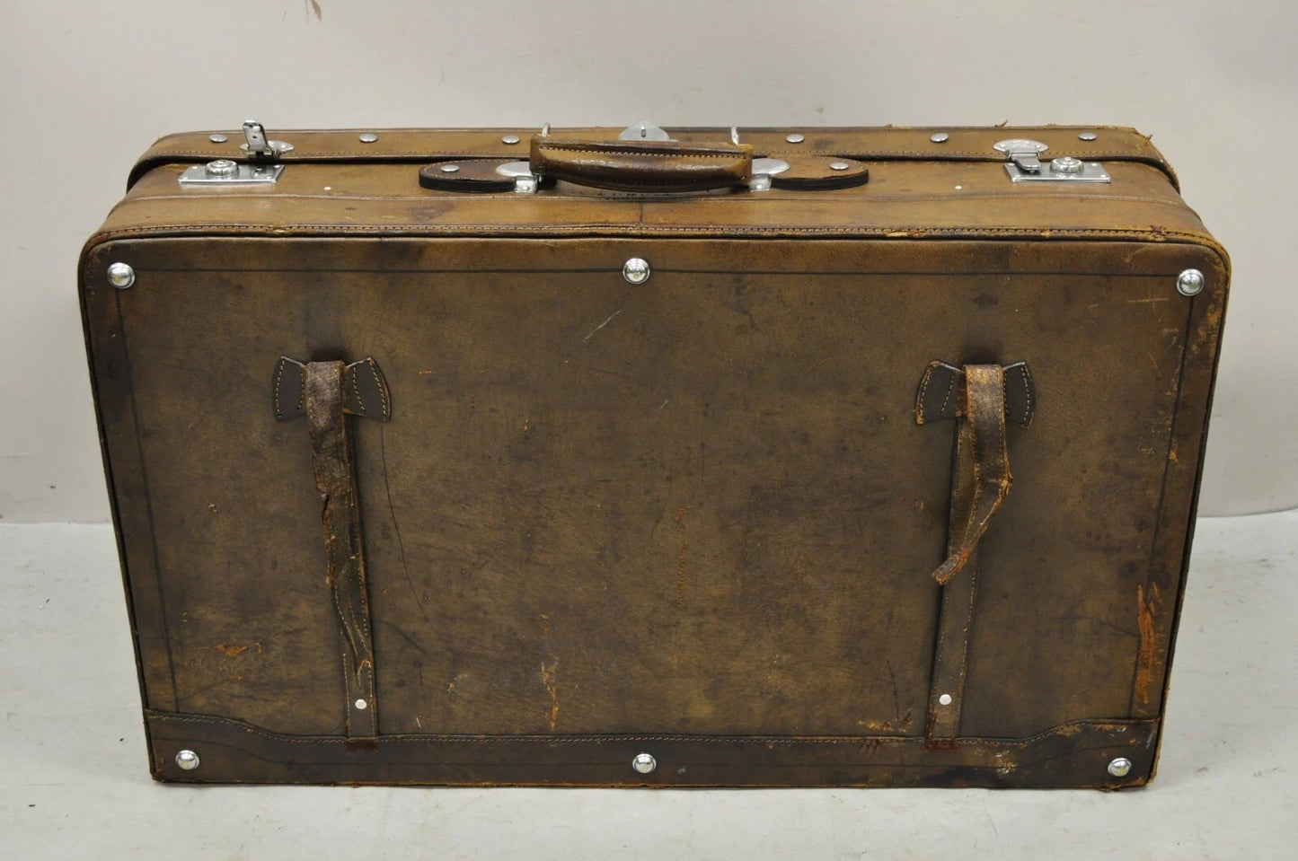 Vintage Art Deco Brown Distressed Leather 33" Luggage Suitcase by Golden Leaf