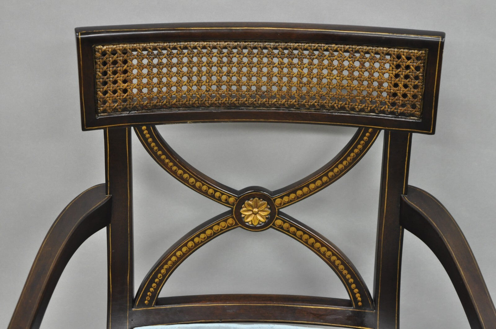 Vintage English Regency Style Mahogany Saber Leg Cane Back Arm Chairs - a Pair