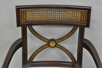 Vintage English Regency Style Mahogany Saber Leg Cane Back Arm Chairs - a Pair