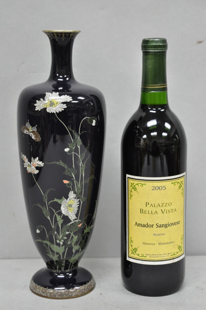 Meiji Period Japanese Cloisonne Enamel Dark Blue Daisy & Butterfly Tall Urn Vase