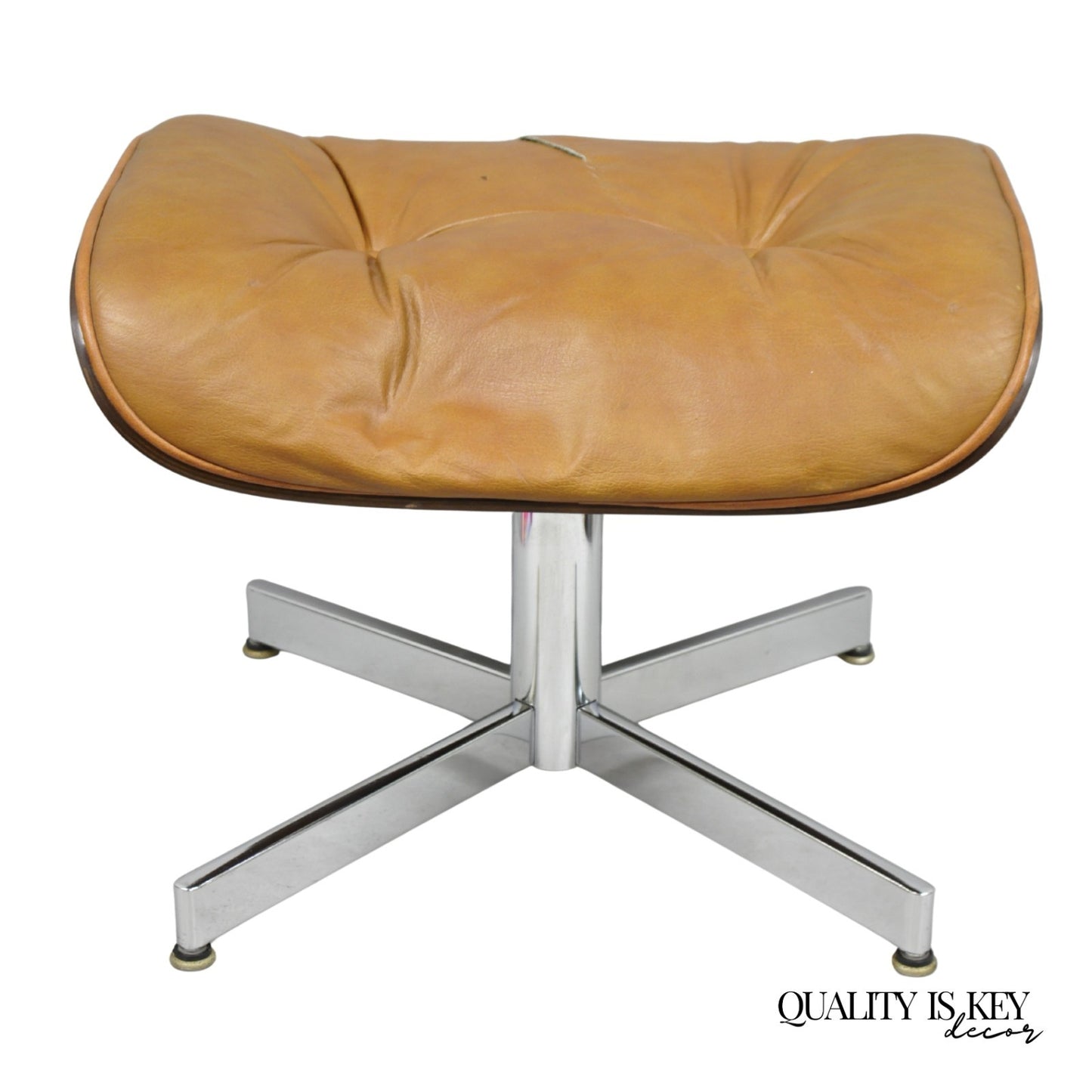 Vintage Selig Mid Century Modern Eames Style Chrome Walnut Footstool Ottoman