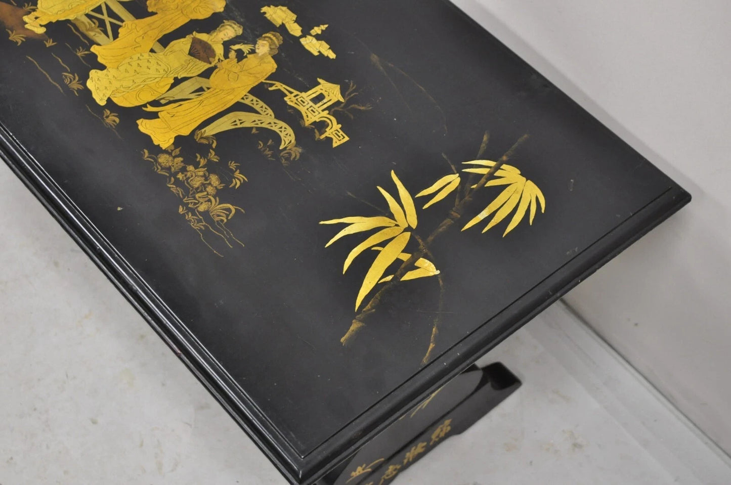 Vintage Chinoiserie Oriental Black Lacquer Gold Gilt Trestle Bench Coffee Table