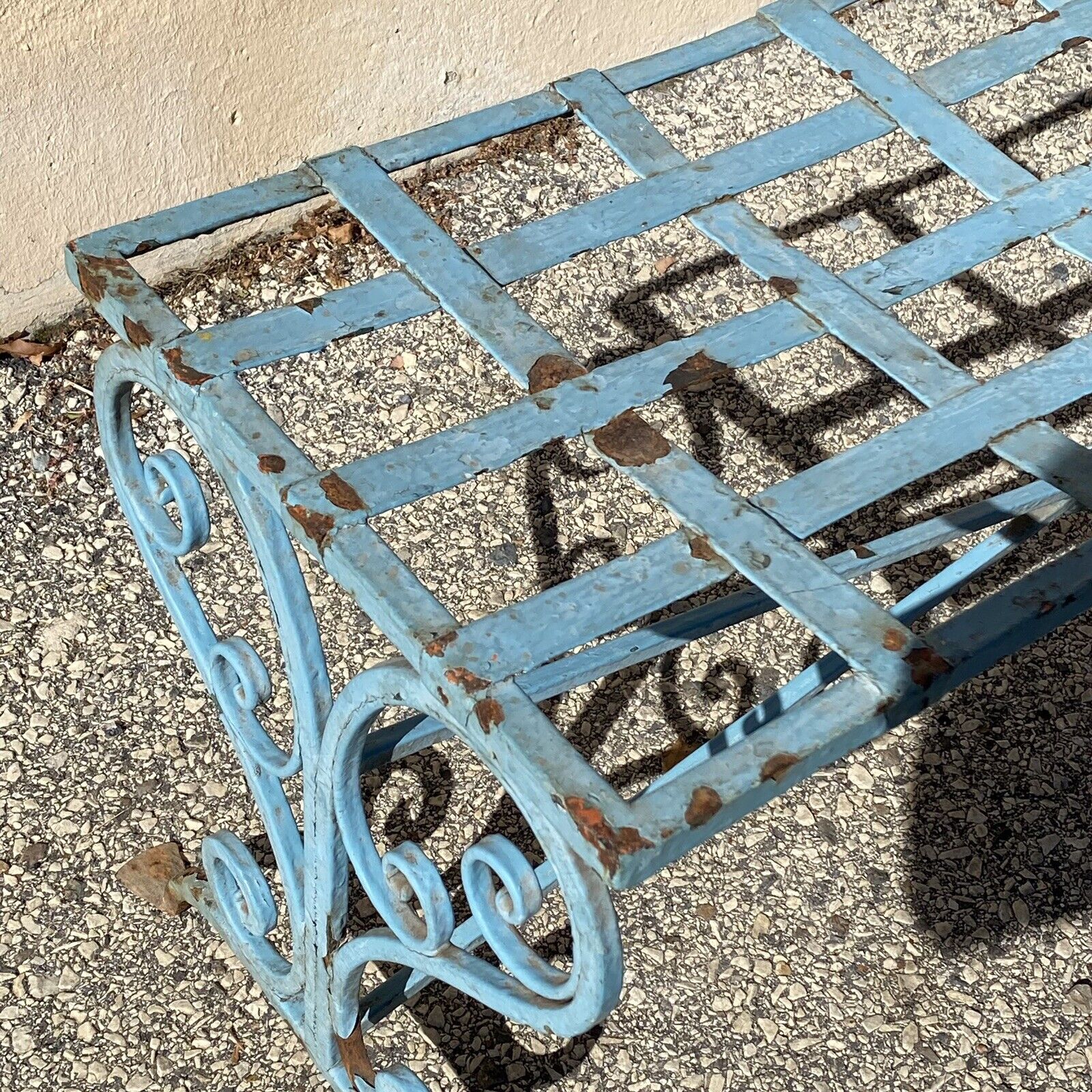 Antique French Art Nouveau Scrolling Wrought Iron Metal Strap Garden Patio Bench