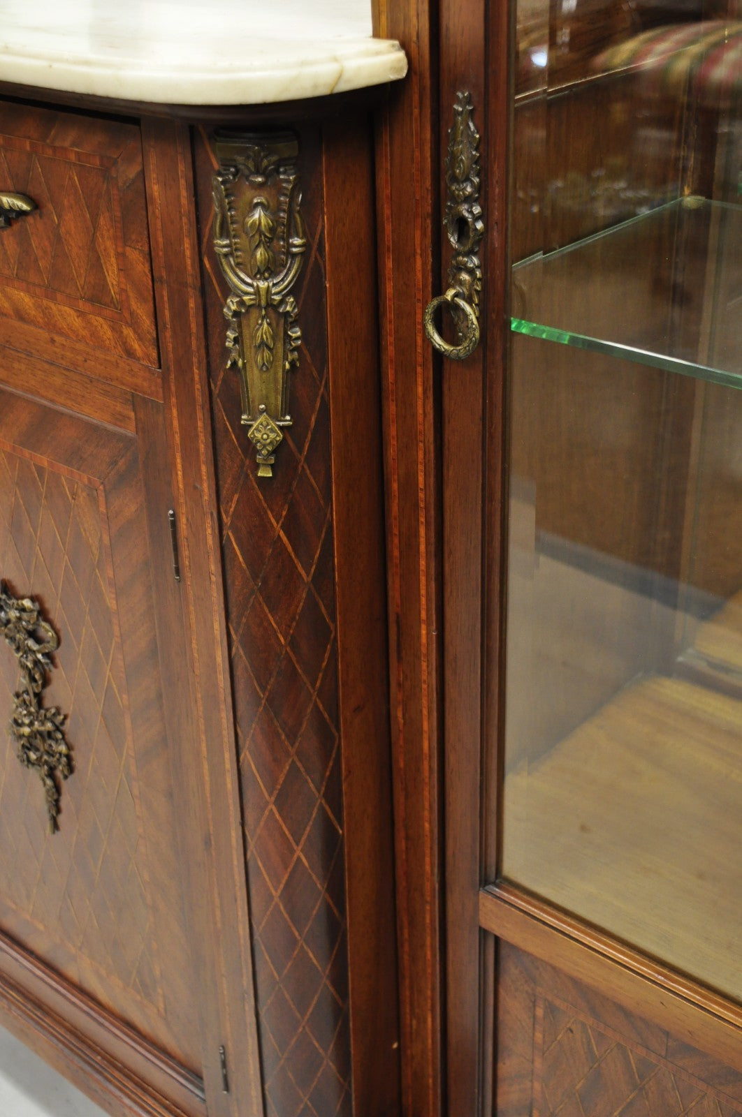 Antique French Louis XVI Style Marquetry Inlay Sideboard Buffet Curio Cabinet