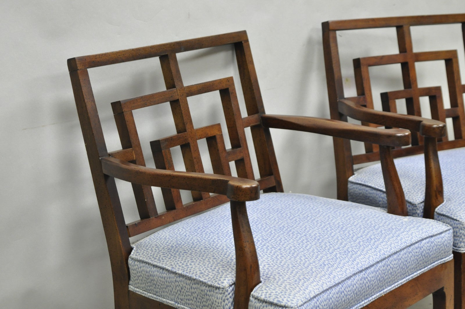 Vintage Chinese Chippendale James Mont Style Fretwork Lounge Arm Chairs - a Pair