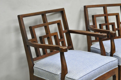 Vintage Chinese Chippendale James Mont Style Fretwork Lounge Arm Chairs - a Pair