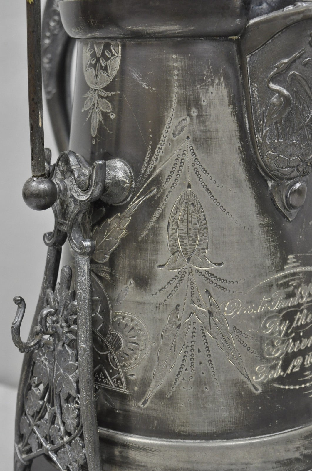 Antique English Victorian Silver Plated Tilting Coffee Pot on Stand w/ Engraving