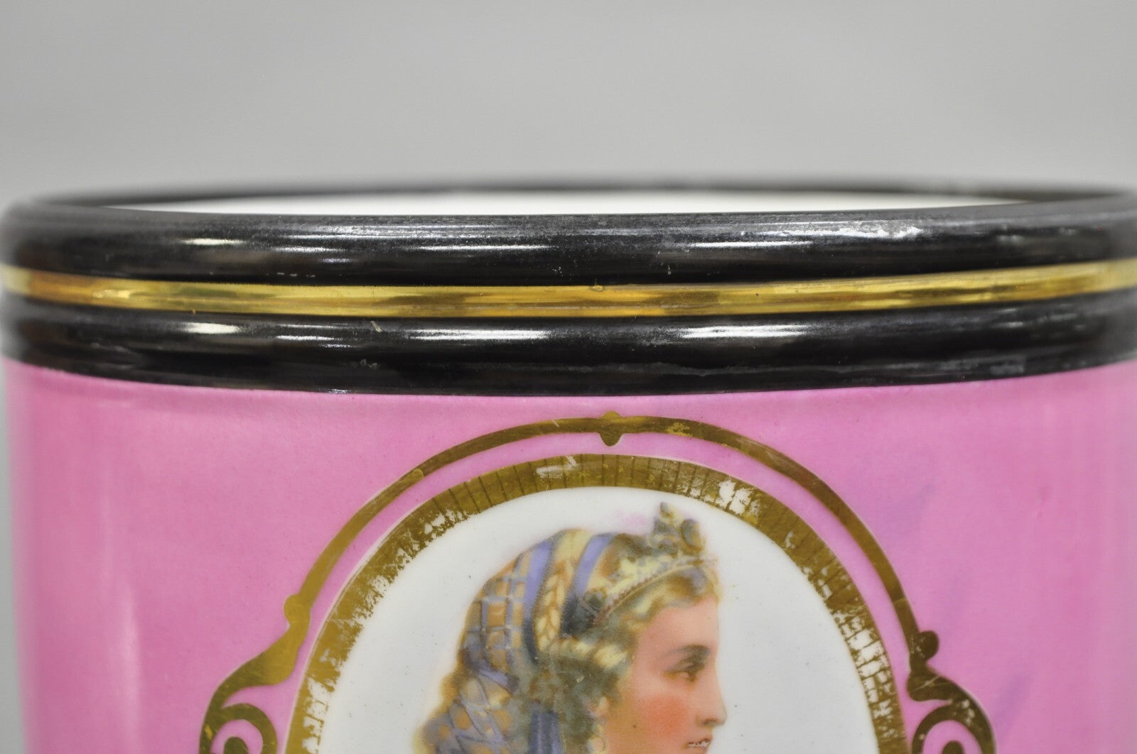 Antique French Porcelain Pink Hand Painted Portrait Cachepot Jardiniere Vase