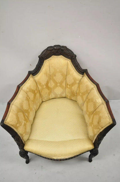 Antique French Art Deco Carved Walnut Wing Club Lounge Parlor Arm Chair