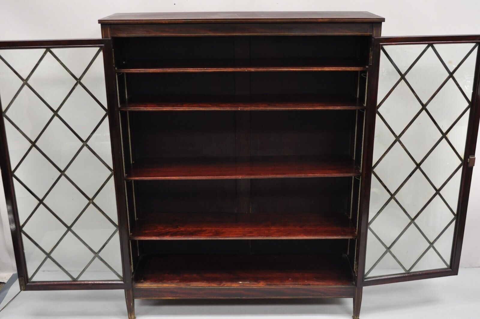 Antique Edwardian Mahogany Lattice Inlaid 2 Door 52" Closed Bookcase