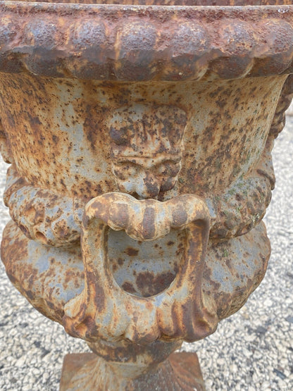 French Classical Style Cast Iron Urn Form 17" Garden Yard Planter Pot w/ Faces