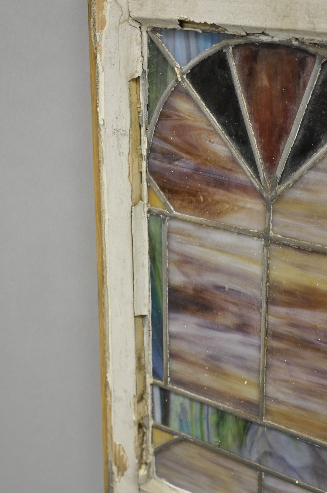 Antique Victorian Stained Leaded Glass Blue Green 24x48 "Fan" Window Transom