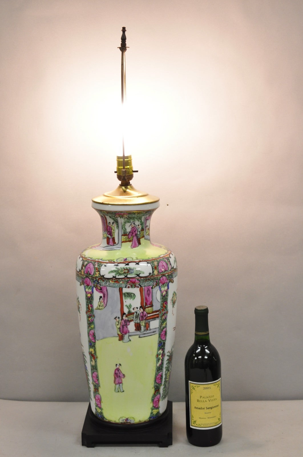 Vintage Chinese Porcelain Jardiniere Vase Hand Painted Green White Table Lamp