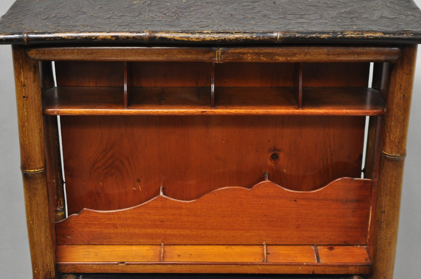 Antique English Victorian Bamboo Chinoiserie Compact Fall Front Secretary Desk
