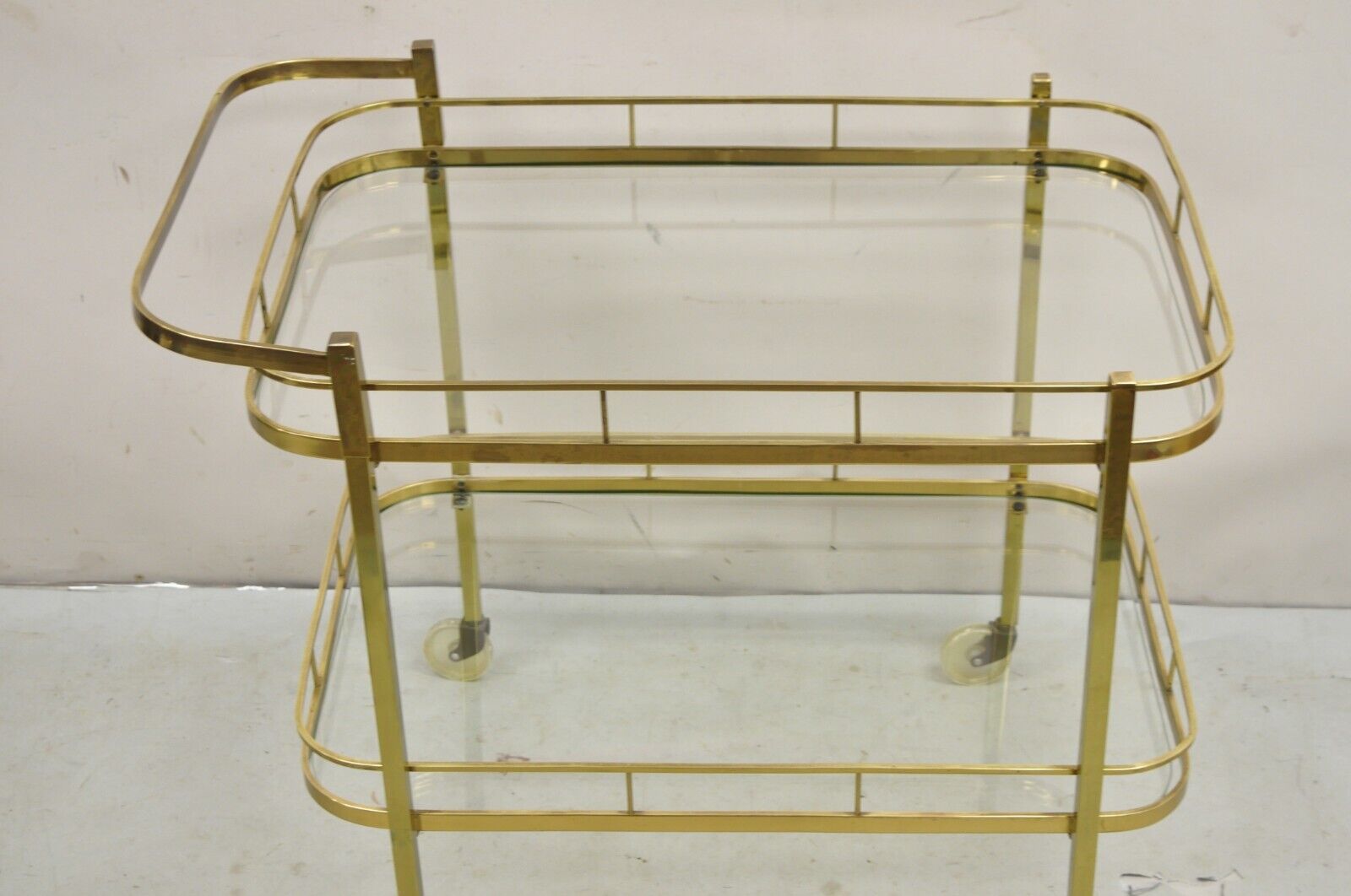 Vintage Mid Century Modern Brass Bar Tea Cart with Glass Shelves