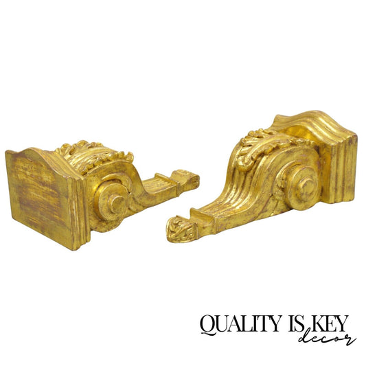 Gold Giltwood French Louis XV Style Wood Acanthus Corbel Small Wall Shelf - Pair