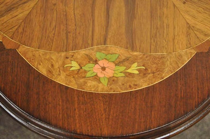 Pair Antique French Louis XV Style Floral Satinwood Inlay Walnut Lamp End Tables