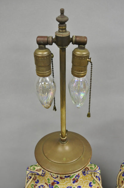 Antique Chinese Porcelain Painted Applied Scene Satsuma Vase Table Lamps - Pair