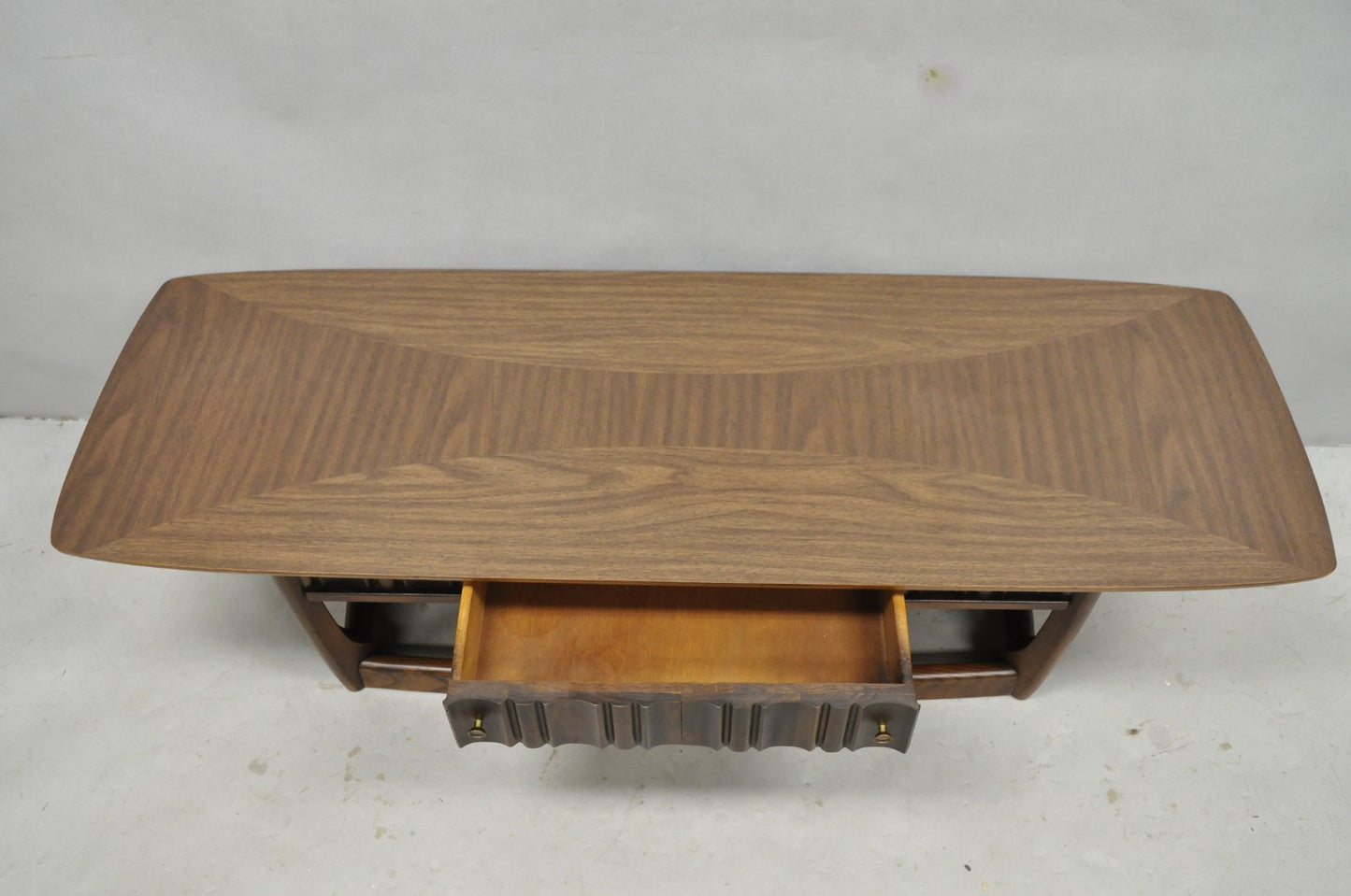 Vintage Mid Century Modern Sculpted Walnut & Laminate Coffee End Table Set 3 Pc