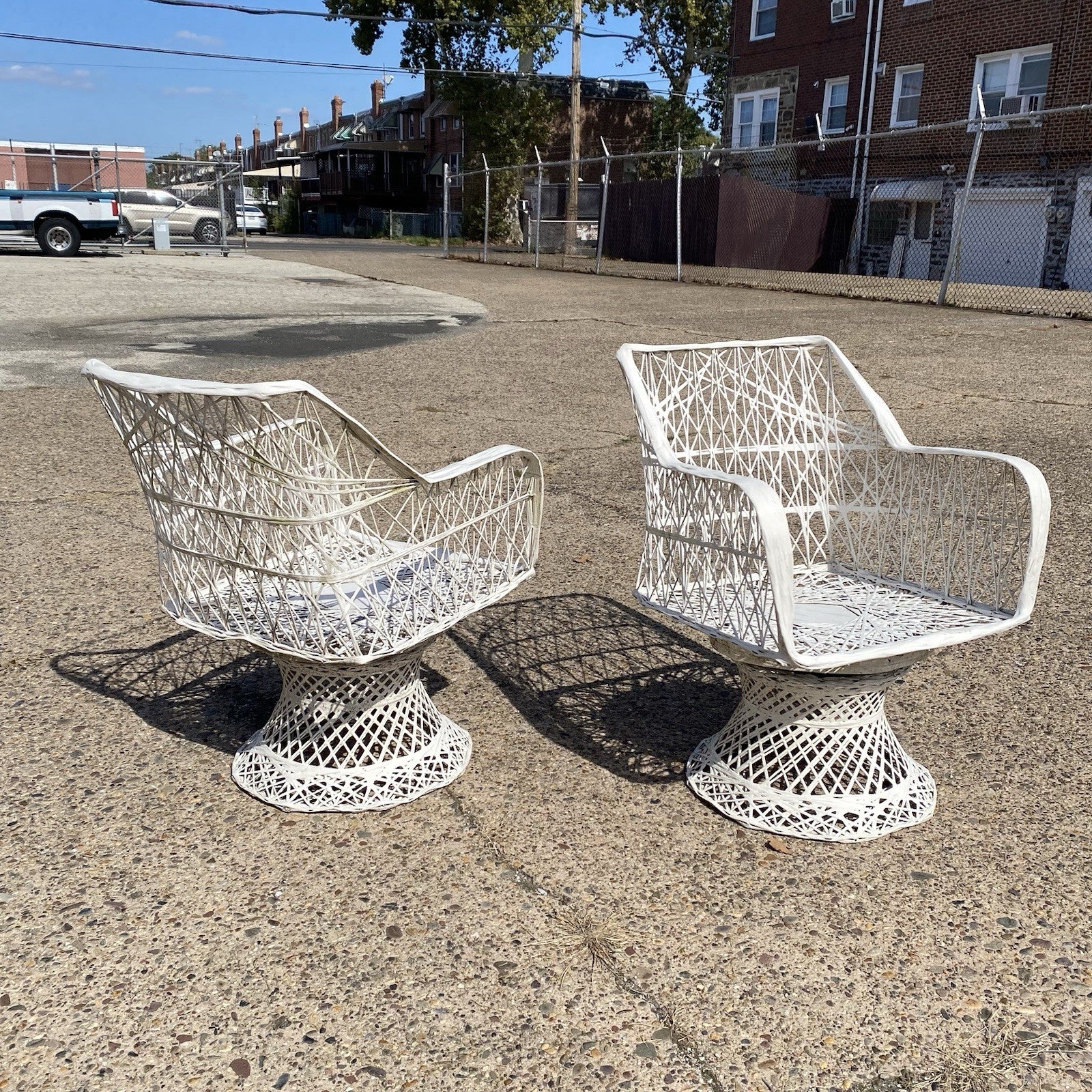 Vintage Russell Woodard Woven Spun Fiberglass Swivel Tilt Outdoor Chairs - Pair