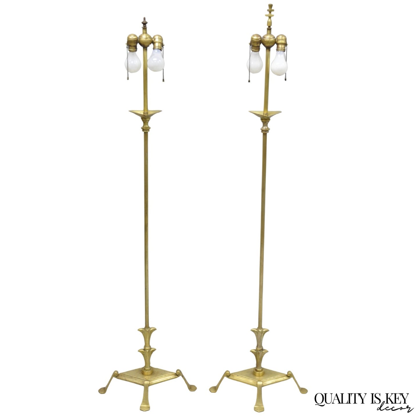 Antique Giacometti Style Brass Bronze Fleur de Lis Gothic Pole Floor Lamp - Pair