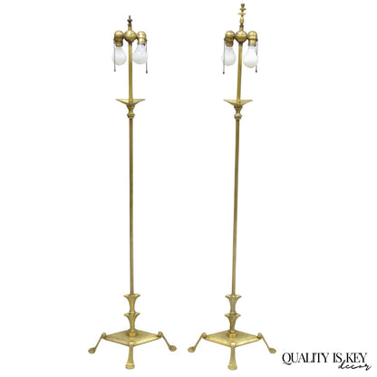 Antique Giacometti Style Brass Bronze Fleur de Lis Gothic Pole Floor Lamp - Pair