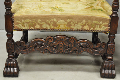 Antique French Louis XIV Style Needlepoint Tapestry Carved Walnut Arm Chair Pair