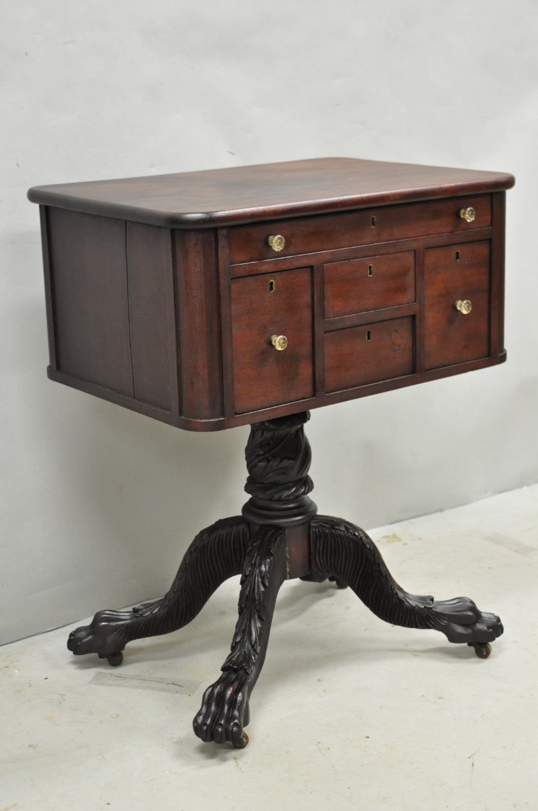 Antique American Empire Carved Paw Foot Pedestal Base Work Stand Side Table