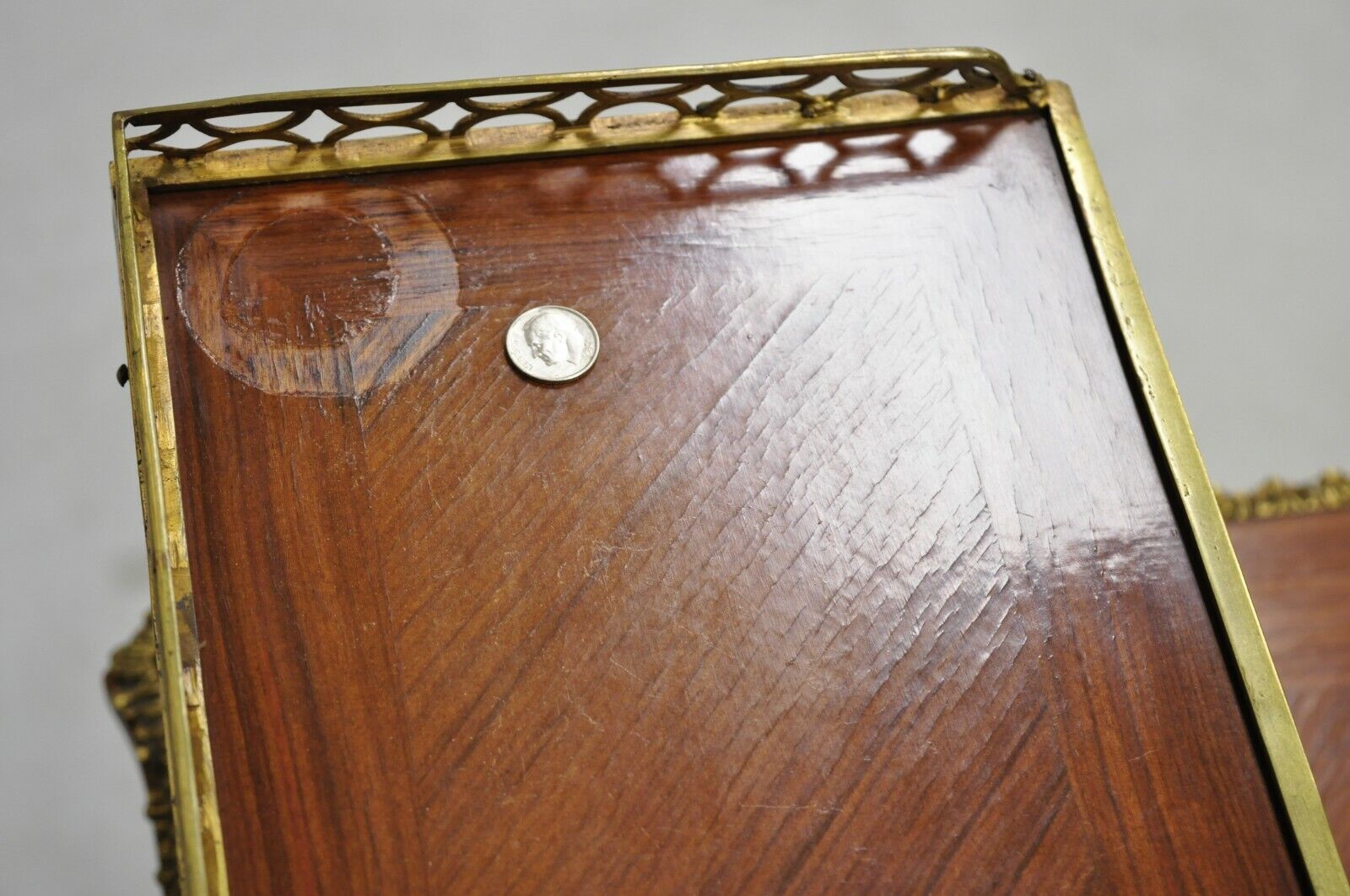 Vintage French Louis XV Style Marquetry Inlay Bronze Ormolu Small Writing Desk