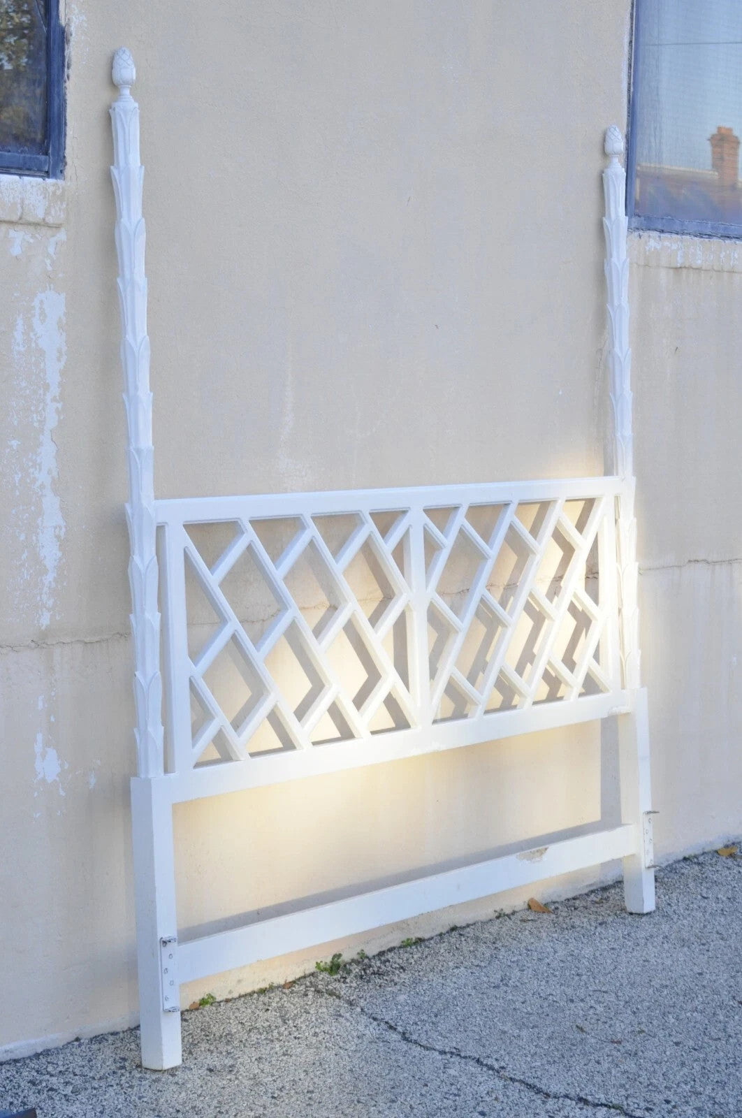 Vintage Hollywood Regency Faux Bois Bamboo Fretwork Tall Post King Bed Headboard