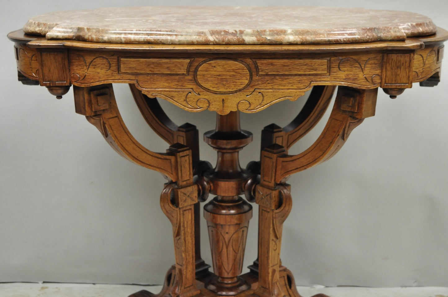 Antique Eastlake Victorian Carved Walnut Marble Top Parlor Lamp Side Table