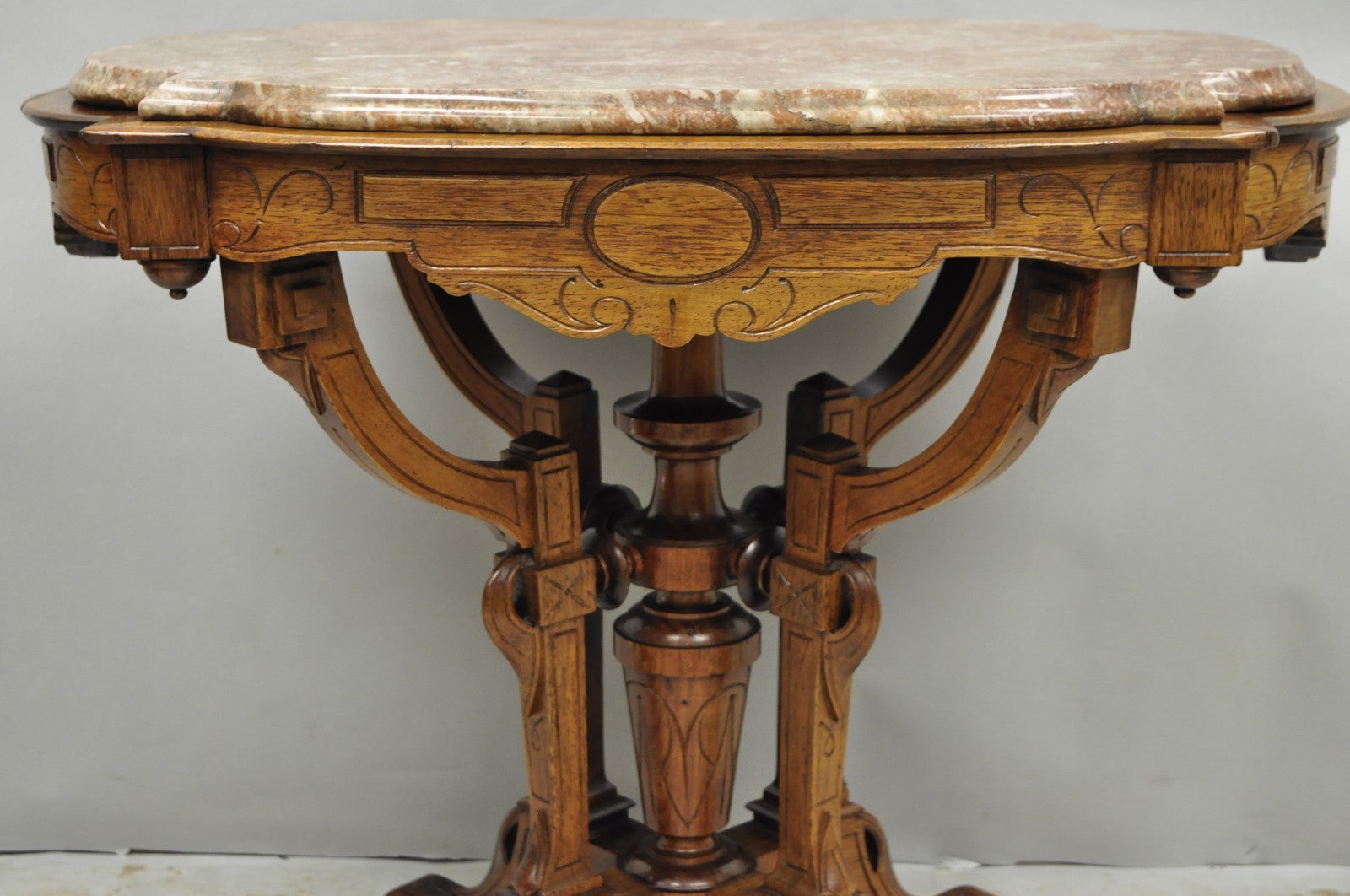 Antique Eastlake Victorian Carved Walnut Marble Top Parlor Lamp Side Table