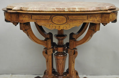 Antique Eastlake Victorian Carved Walnut Marble Top Parlor Lamp Side Table