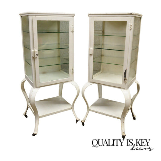 Antique Art Deco Cabriole Leg Steel Metal Medical Dental Pharmacy Cabinet - Pair