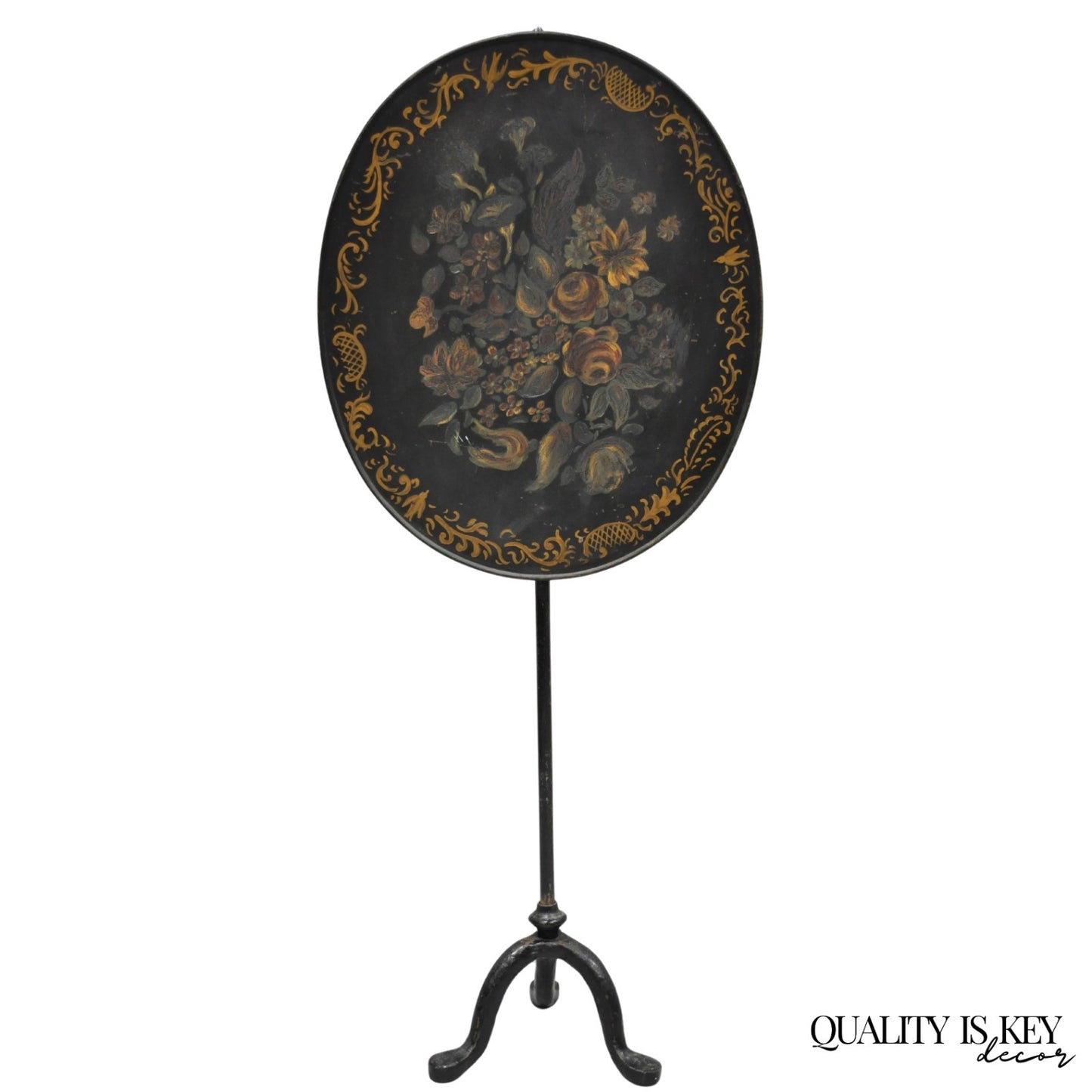 Antique French Victorian Tole Metal Hand Painted Floral Adjustable Firescreen