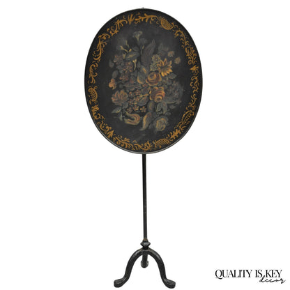 Antique French Victorian Tole Metal Hand Painted Floral Adjustable Firescreen