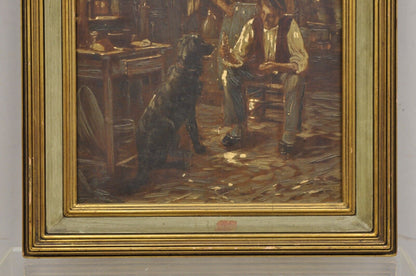 Vintage German Country Gentlemen Woman and Dog Italian Framed Painting