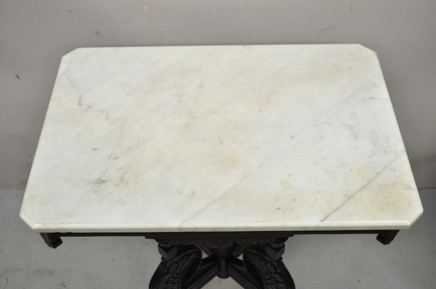 Antique Eastlake Victorian Floral Carved Walnut Marble Top Parlor Side Table