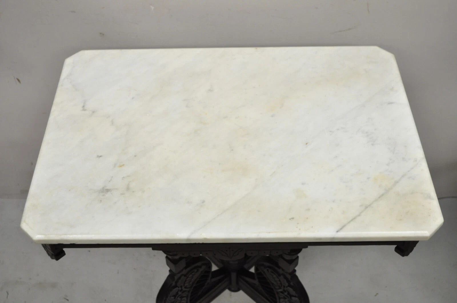 Antique Eastlake Victorian Floral Carved Walnut Marble Top Parlor Side Table