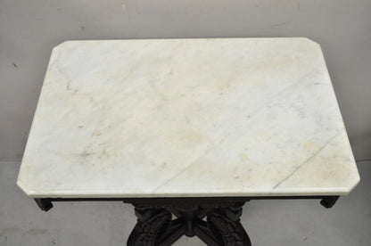 Antique Eastlake Victorian Floral Carved Walnut Marble Top Parlor Side Table