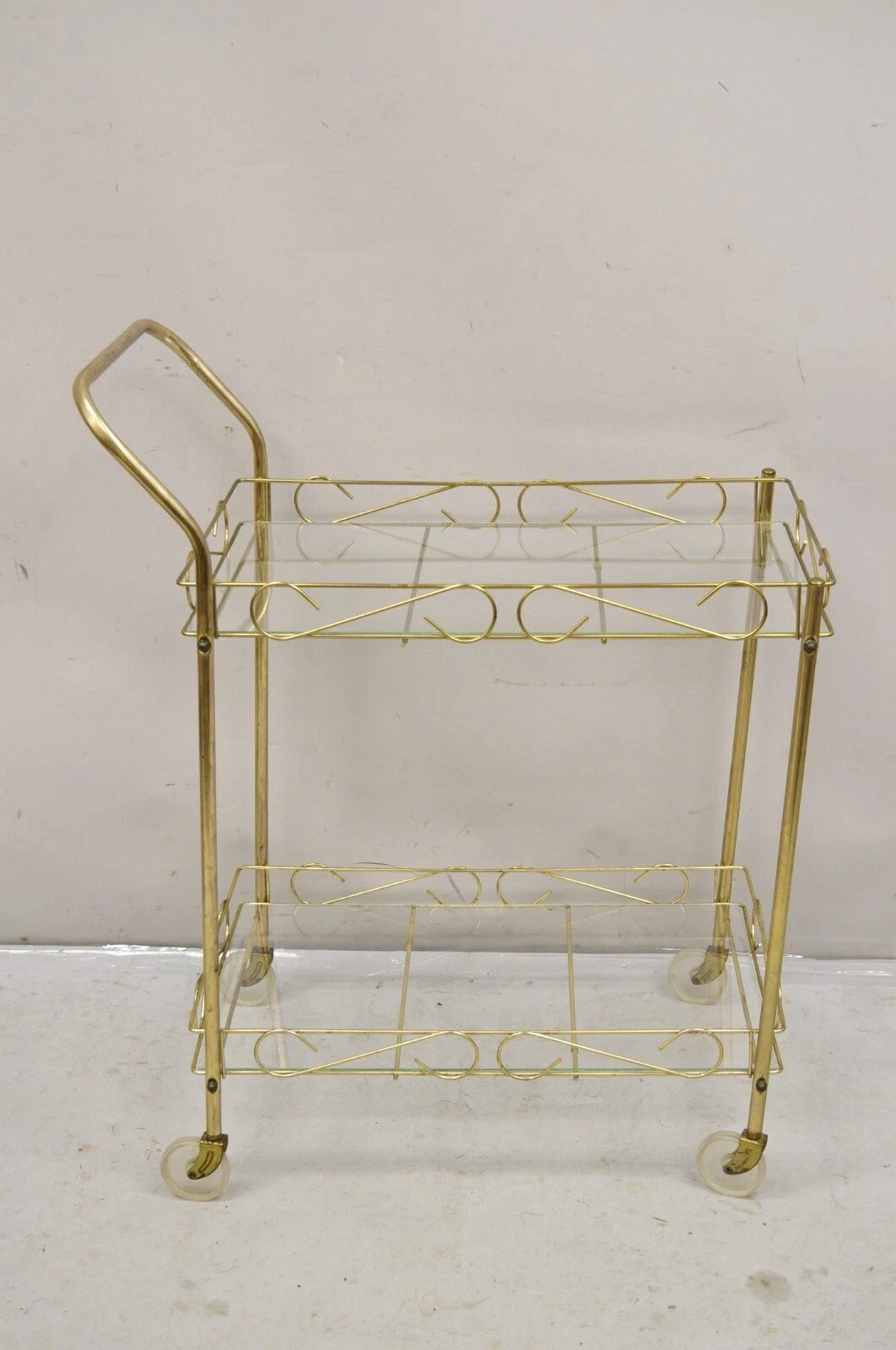 Vintage Mid Century Modern Gold Metal 2 Tier Rolling Bar Tea Cart Server